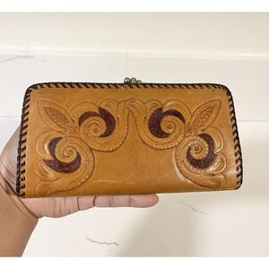 VTG Tooled LEATHER Wallet FOLK ART Mexico Clutch